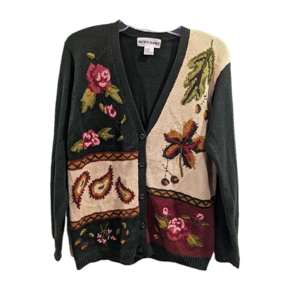 Alfred Dunner Womens Small Green Floral Embroidered Grannycore Cardigan Sweater
